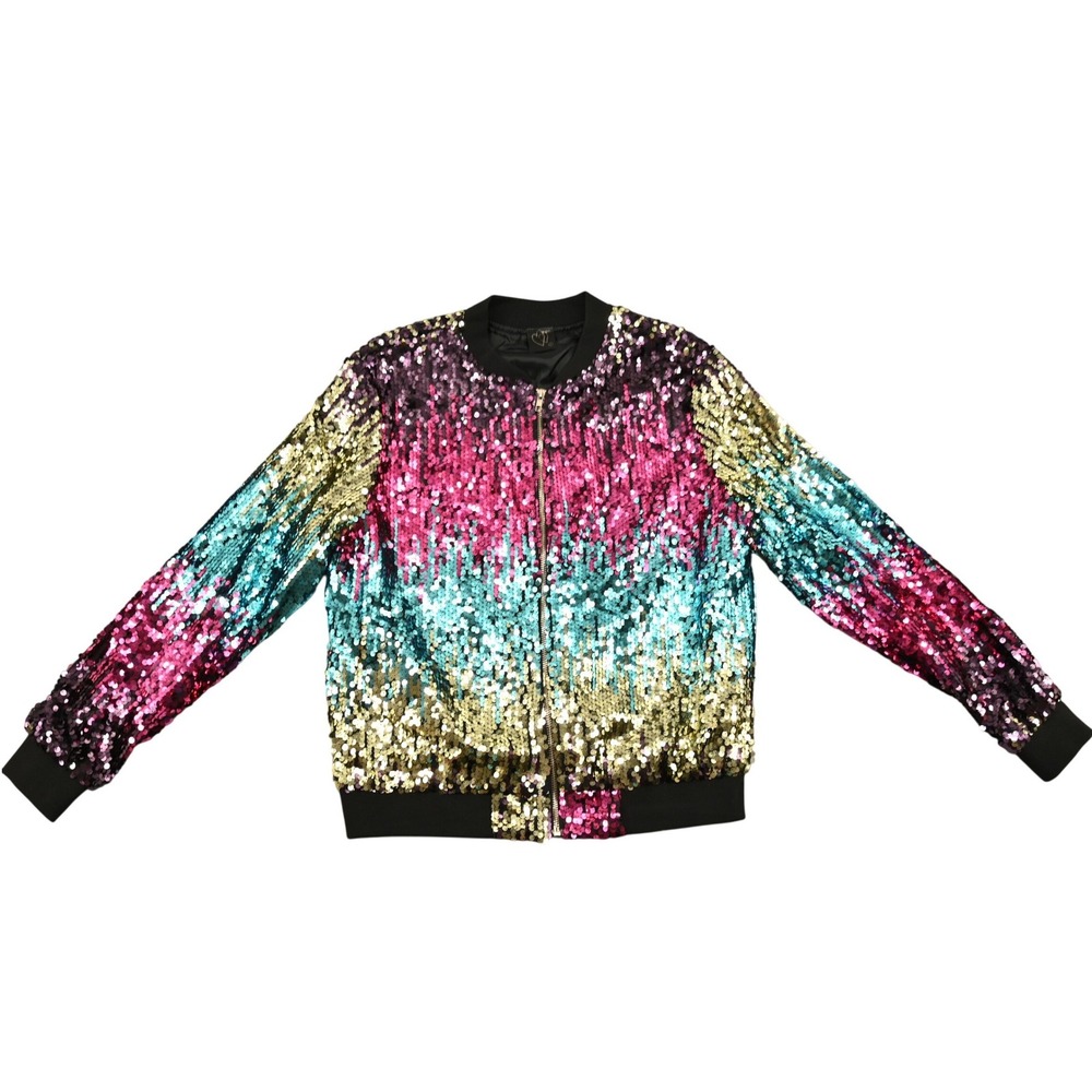 Rainbow Ombre Sequin Bomber Jacket L 80s Style Disco Glitter Festival Rave Glam